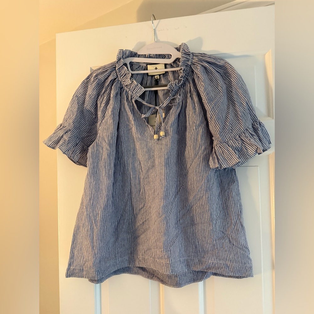 Tuckernuck Blue & White Striped Ruffle Tie-Neck Blouse